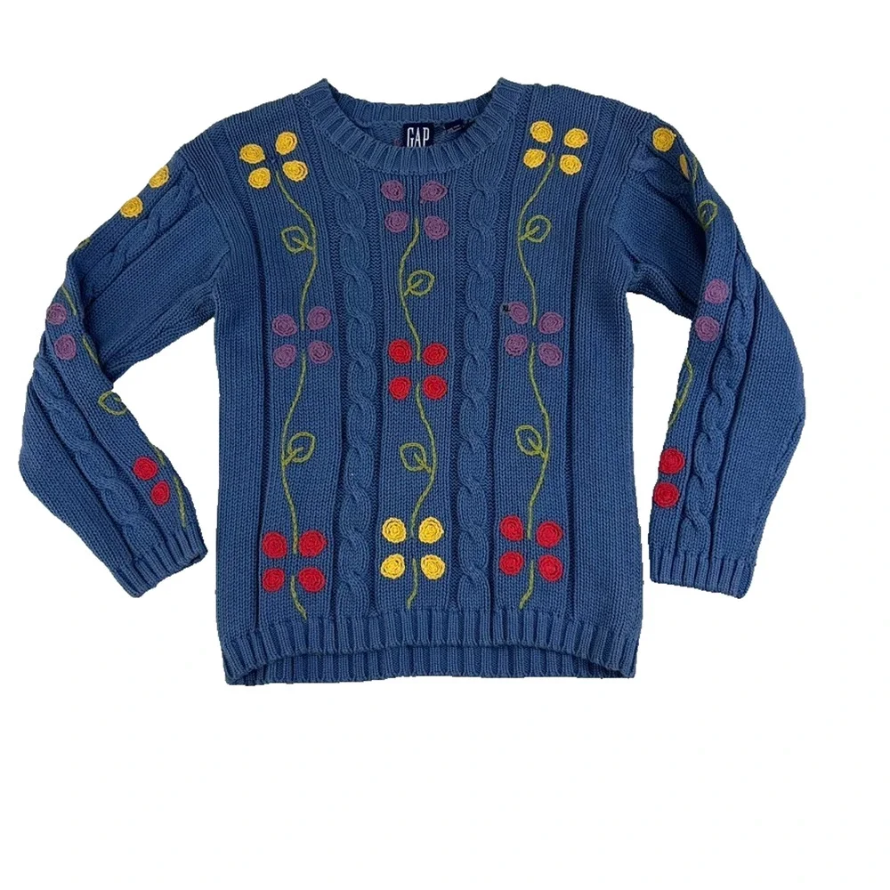GAP Sweater Girls Size XL Embroidered Florals & Leaves Cable Knit